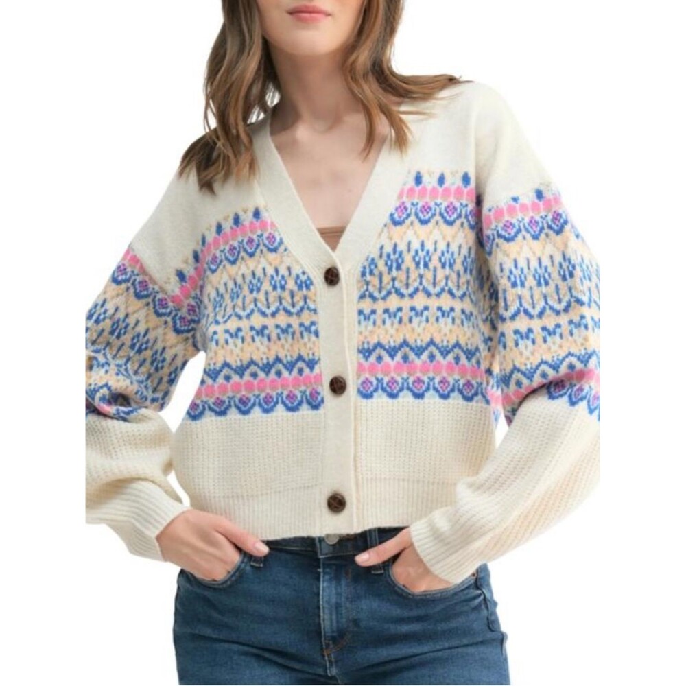 Lush womens Fair Isle Knit Cardigan sweater relaxed oversized large boho preppy
